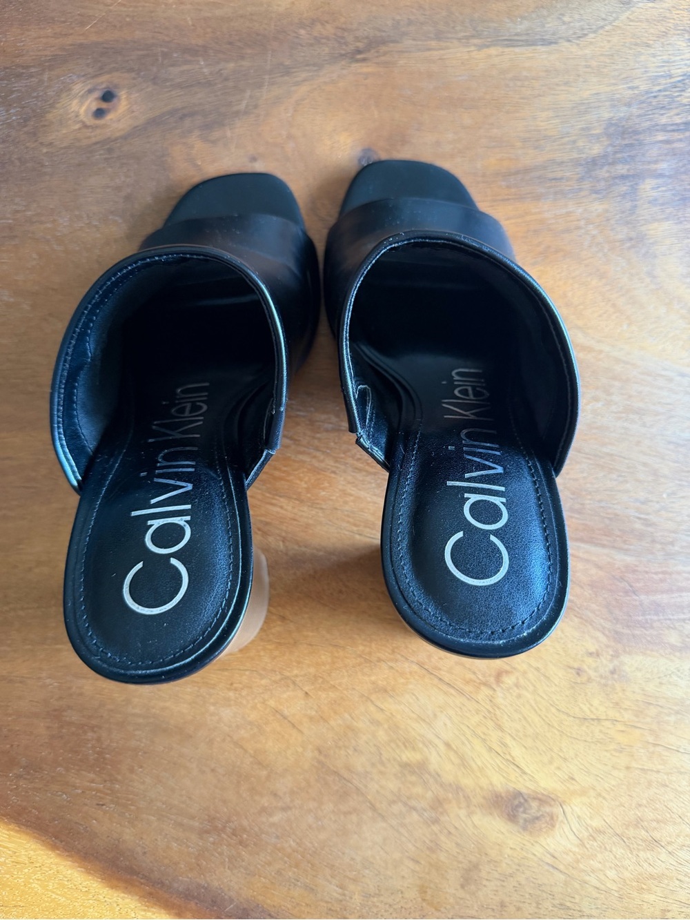 Calvin Klein Black Leather Open-Toe Block Heel Mules - Picture 12 of 14
